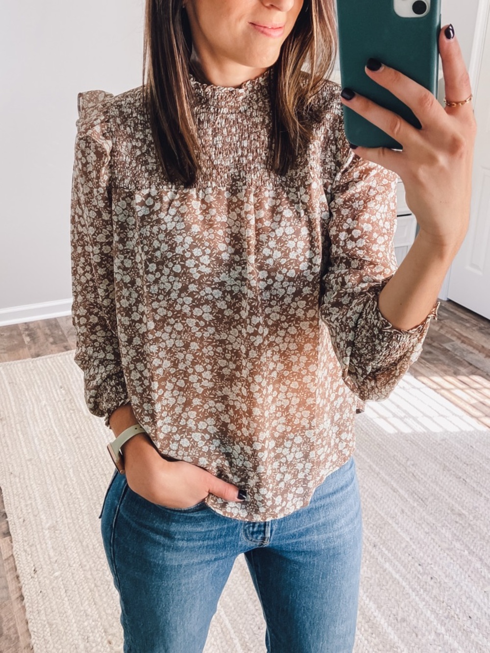 Blu Pepper Brown Floral Smocked Neck Blouse